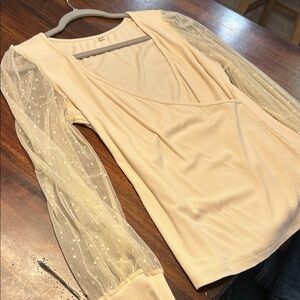 Sheer Dot Sleeve V-Neck Ribbed Top - Beige